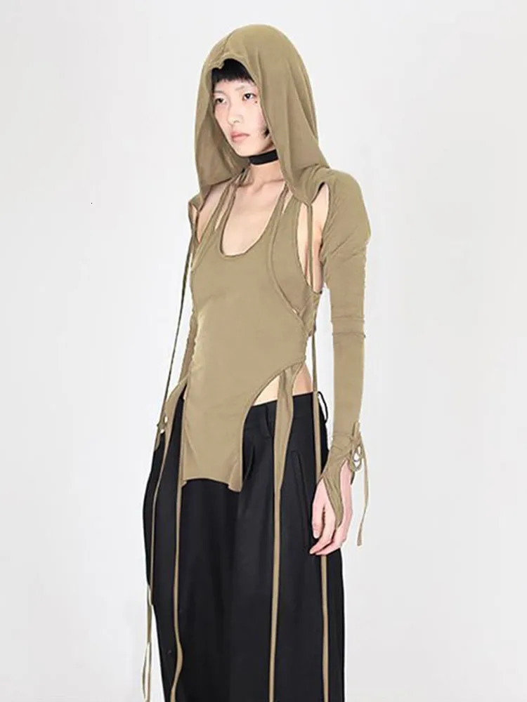 Womens Gothic Curtains Hollow Bandage Hoodie Harajuku Aesthetics Slim Fit Long Sleeve Irregular Top Garbage Tshirt 241018