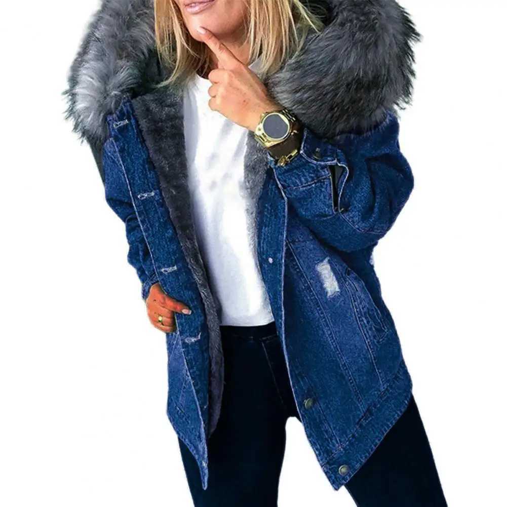Loose Vintage Women Denim Jacket Coat Fur Hooded Plush Dilapidated Slim Mid-length Warm Jacket 2022X241018