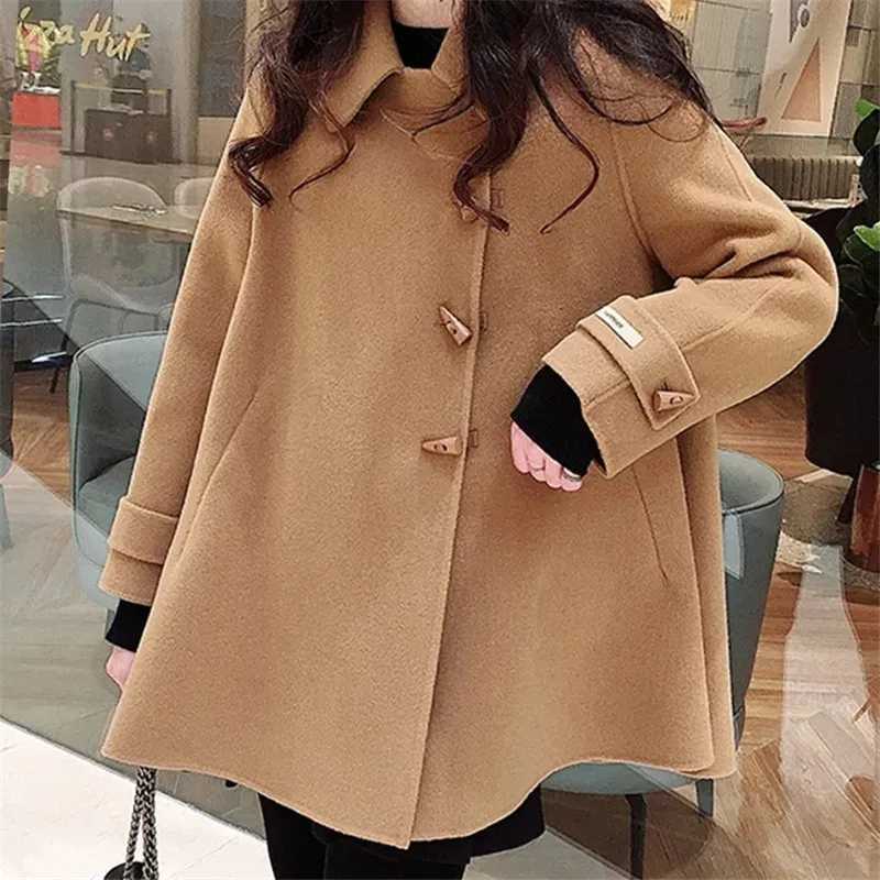 Imitate Cashmere Coat Girl 2022 New High-End Doll Collar Ladies Jacket Cape Horn Buckle Woolen Coat Autumn And Winter CoatX241009