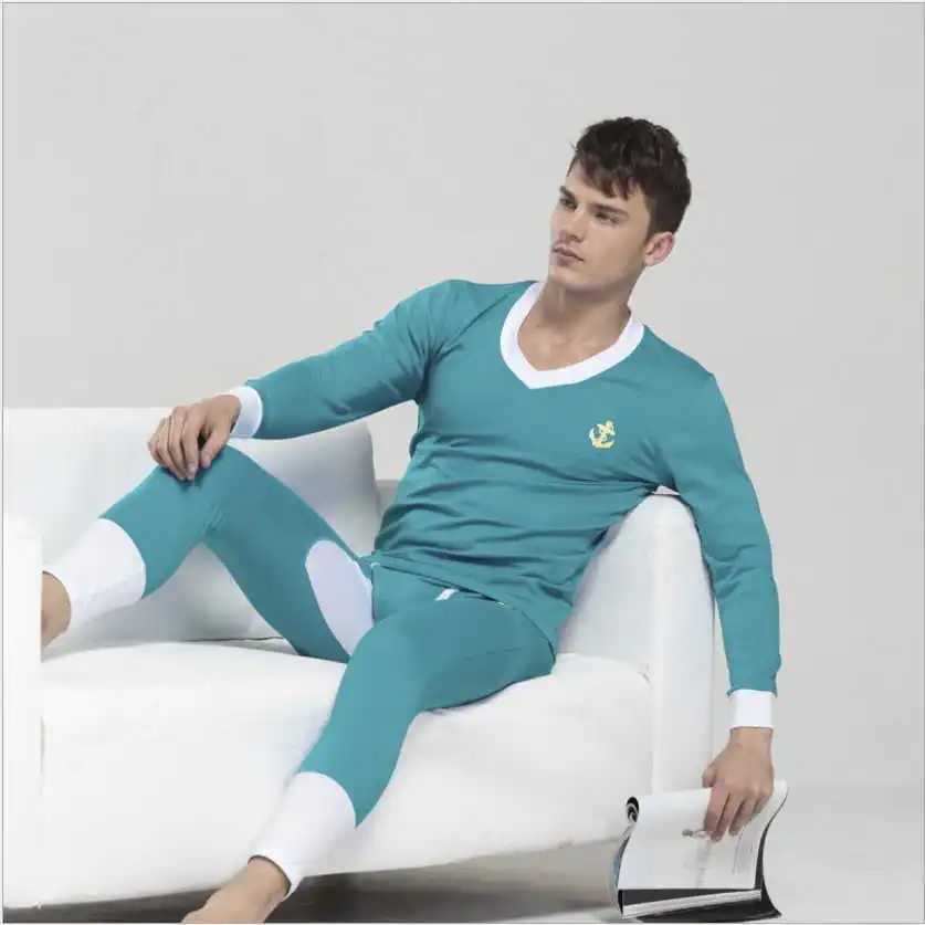 Men's Thermal Underwear 1 set of high-quality mens autumn/spring cotton long Johnson suit V-neck comfortable hot underwear sexy elastic warm unde