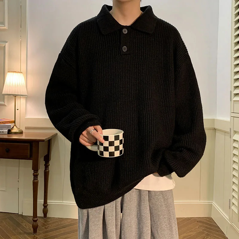 Polo Neck Oversize Men Knit Sweater Vintage Brown Casual Winter Long Sleeve Fashion Warm Streetwear Tops Pullovers 241018