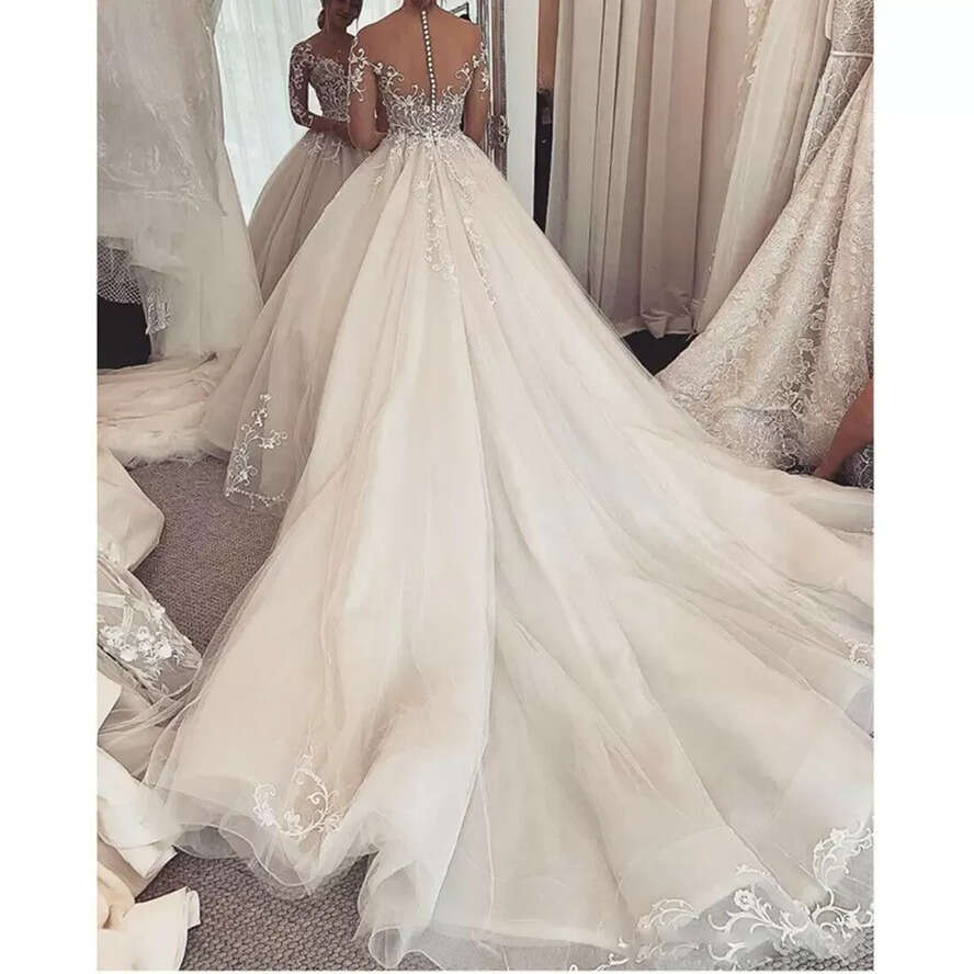 Wedding Dresses Sleeves Long Bridal Gown A E Beaded Crystals Jewel Sheer Neck D Ral Applique Lace Tulle Sweep Train Beach Country Vestidos De Novia pp