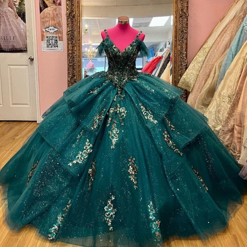 Blackish Green Quinceanera Dresses Sequin Applique Lace Beading Tull Ball Gown Off The Shoulder Sweet Princess Vestidos De 15 Anos Sweet 16 Dress