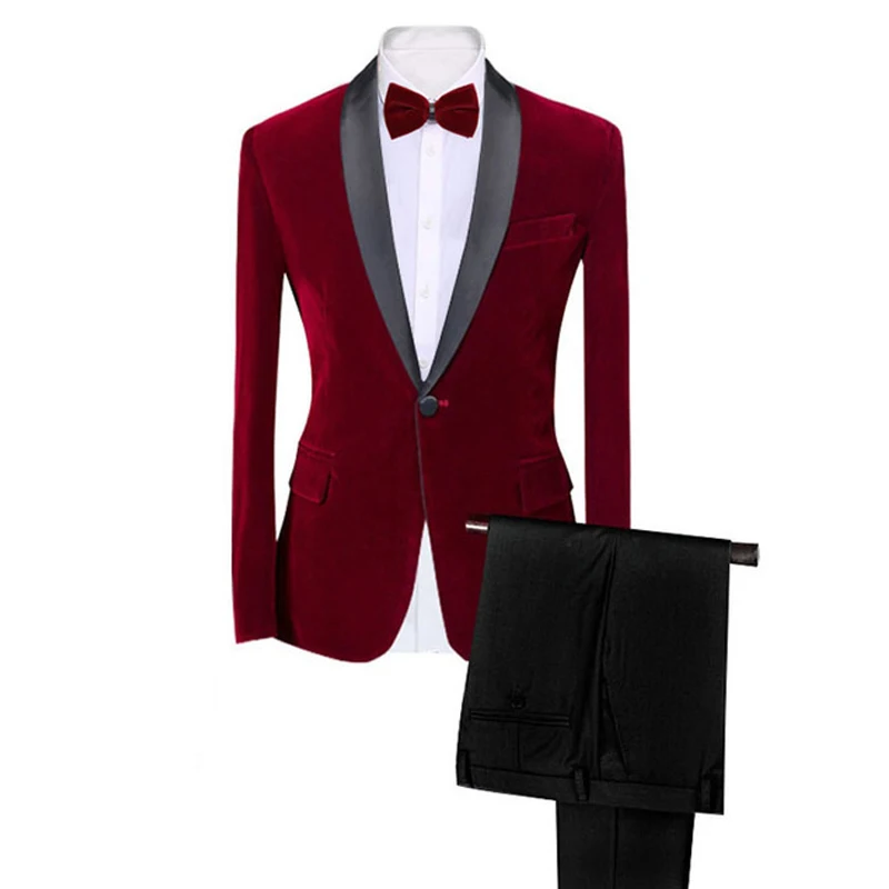 Velvet Men Suits For Prom Singer Club 2 Pieces Custom Wedding Groomsmen Tuxedo Formal Male Fashion Clothes Blazer With Pants
