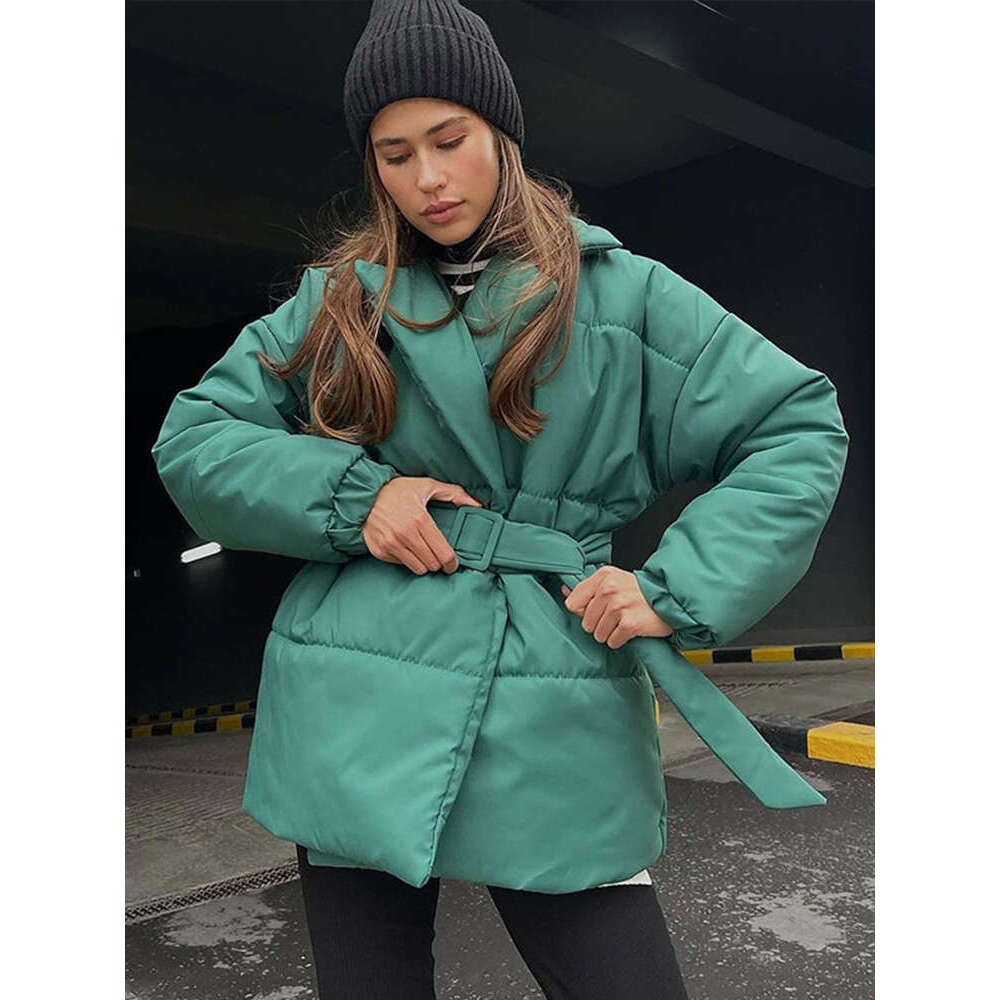 Winter Women Puffer Coat With Belt Fashion Turn-Down Collar Long Sleeve Female Warm Jacket Autumn Loose Lace Up Ladies Outwear