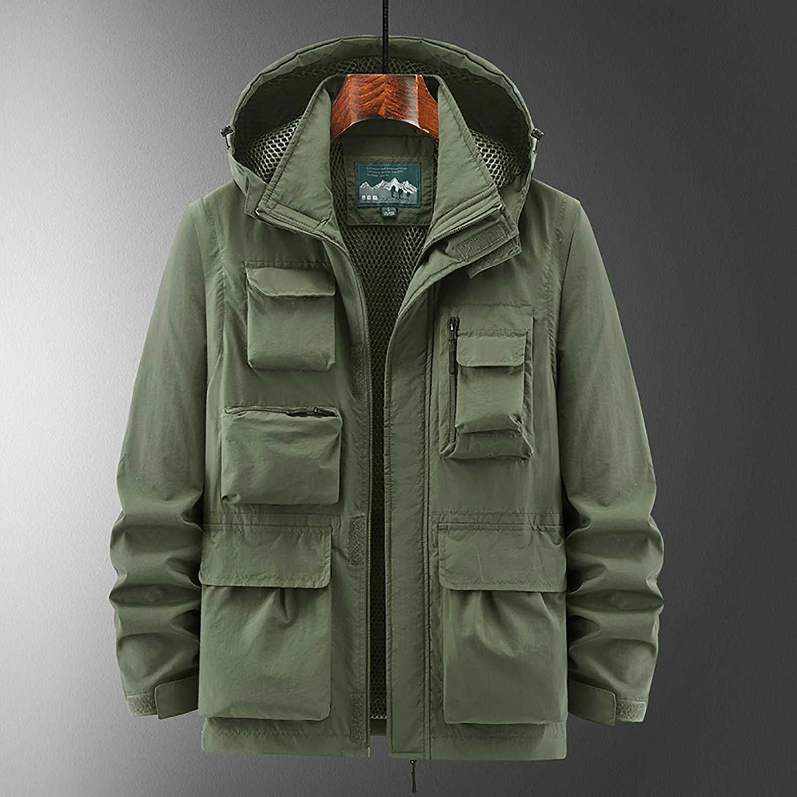 MenS Multi-Pocket Military Windbreaker Jacket Casual Detachable Sleeve Hooded Coat Waterproof Tactical Bomber Army Cargo Jacket LX241018