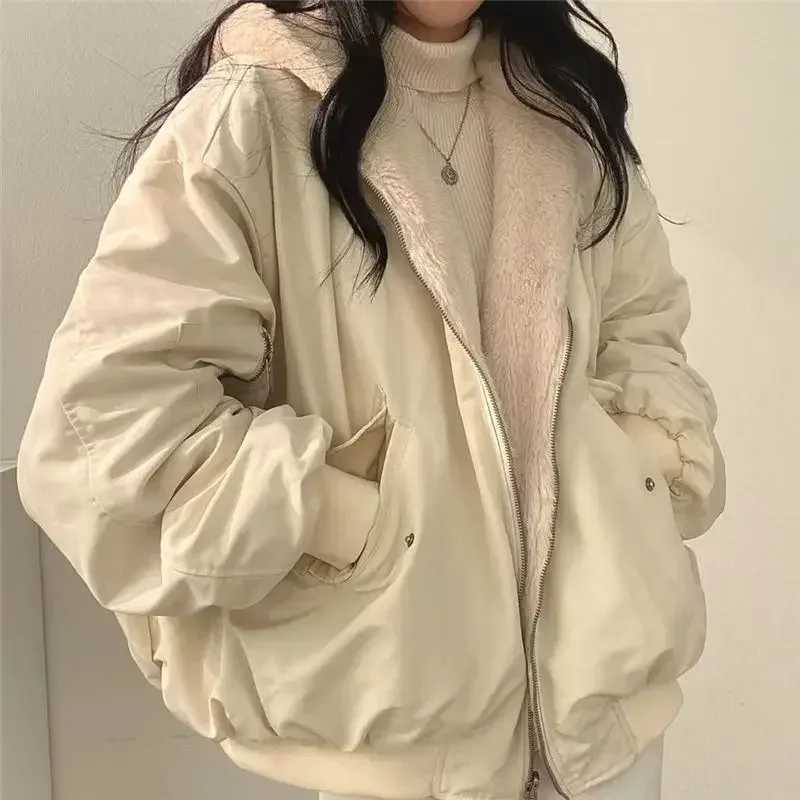 Korean velvet thickened reversible lamb wool cotton coat for women winter new zipper hooded cotton coat top zip up hoodie y2kX241018