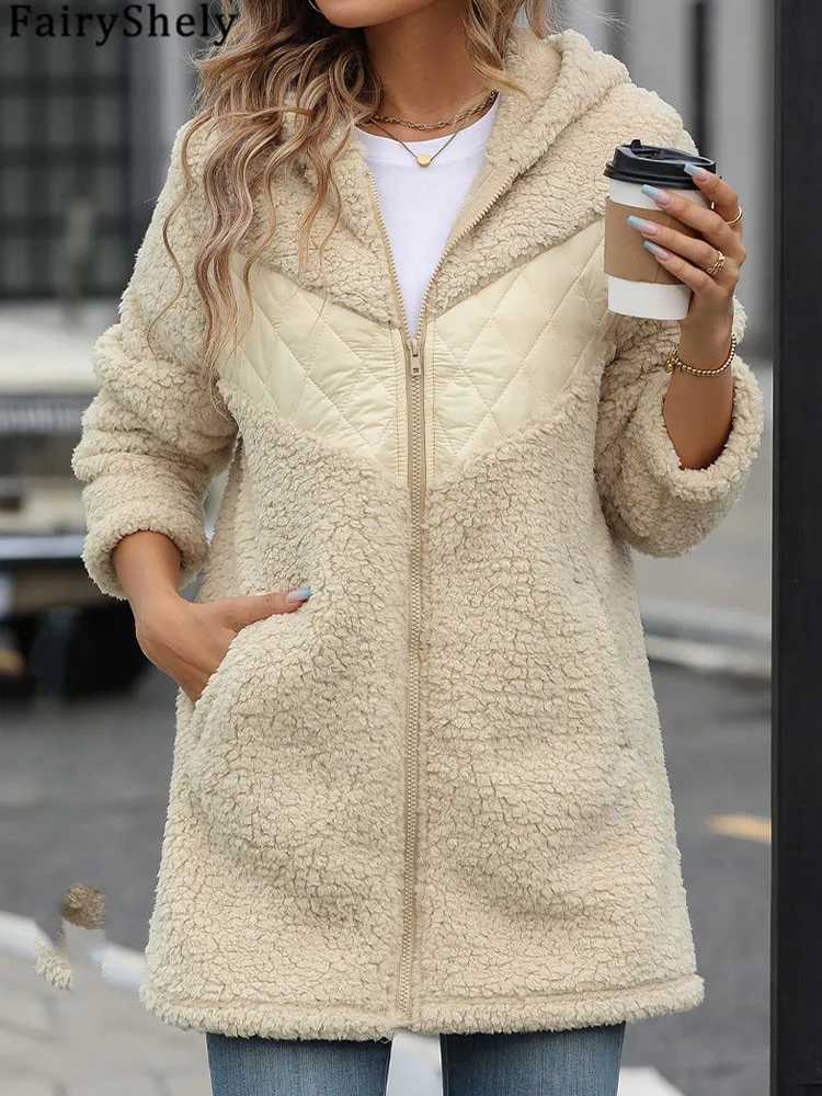 FairyShely 2024 Winter Solid Patchwork Women Jacket Thick Plush Hooded Warm Long Sleeve Long Coat Soft Zipper Cardigan Lady CoatX241018