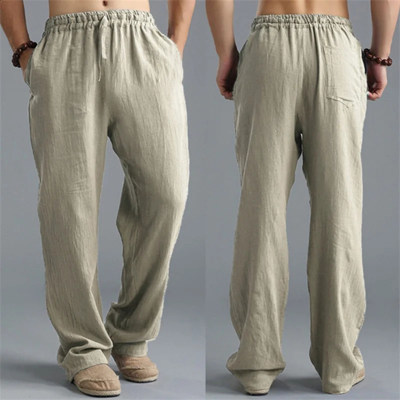 Summer Men Solid Color Linen Multi-pocket Straight Casual Pants Plus Large Size Breathable Comfortable Drawstring Loose Trousers 241010