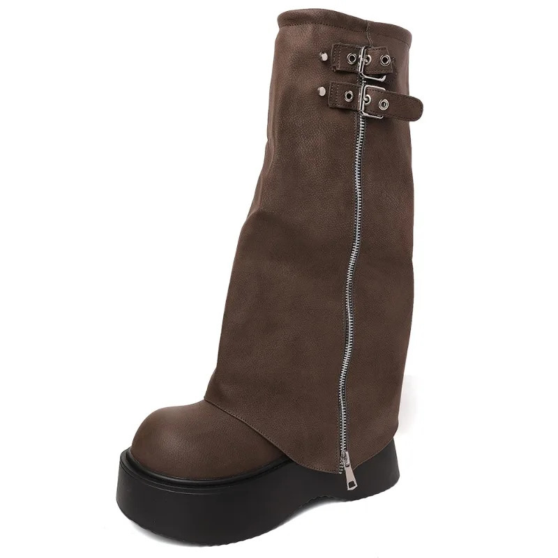 Short and chubby womens knight high heels fashion platform flat shoes long boots autumn womens western cowboy shoes241018bj