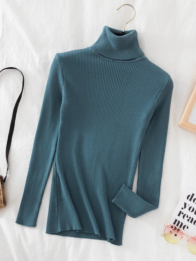 Korean Fashion Turtleneck Women Autumn Winter Pullover Sweater Basic Solid Casual Slim Stretch Ribbed Knitted Top Woman Sweaters 241009