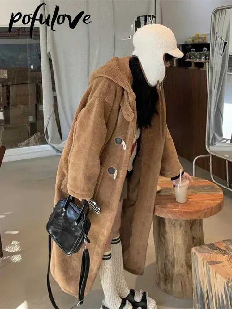 Lamb Wool Coats Woman Fleece Hoodies Jacket Cowhorn Button Loose Coat Winter Warm Female Mid Length Korean Thick OvercoatX241009