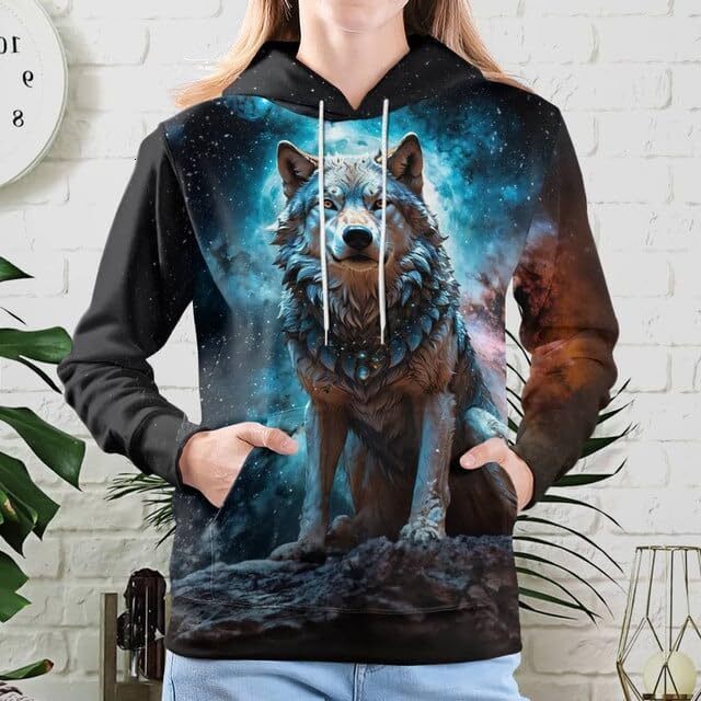 Hoodie for Mens Womens Wolf Hoodies For Men 3D Print Three Wolf Moon Adults Wolves Face Hooded Galaxy Sweatshirt Wolf Graphic Hoodies sweatshirt Warm