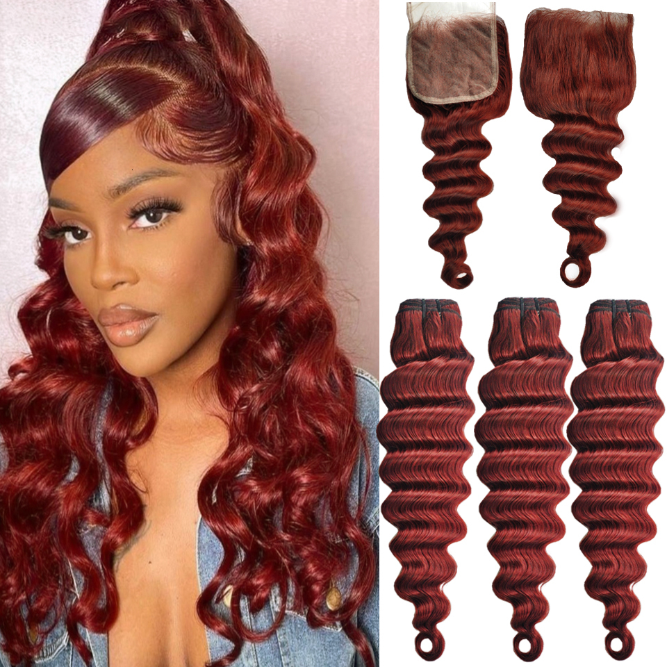 Loose Deep Wave 4X4 Closure 99J Bury Bundles With Closure Reddish Brown Colored Human Hair