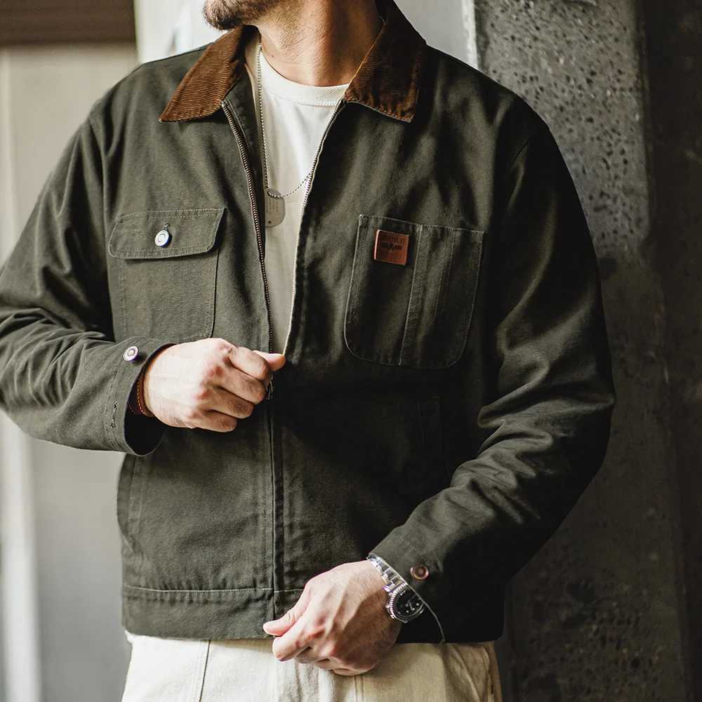 Maden Retro Heavyweight Canvas Detroit Jacket Corduroy Collar Hunting Short Zip-Up Jacket with Pockets Mens Autumn Outerwear LX241018