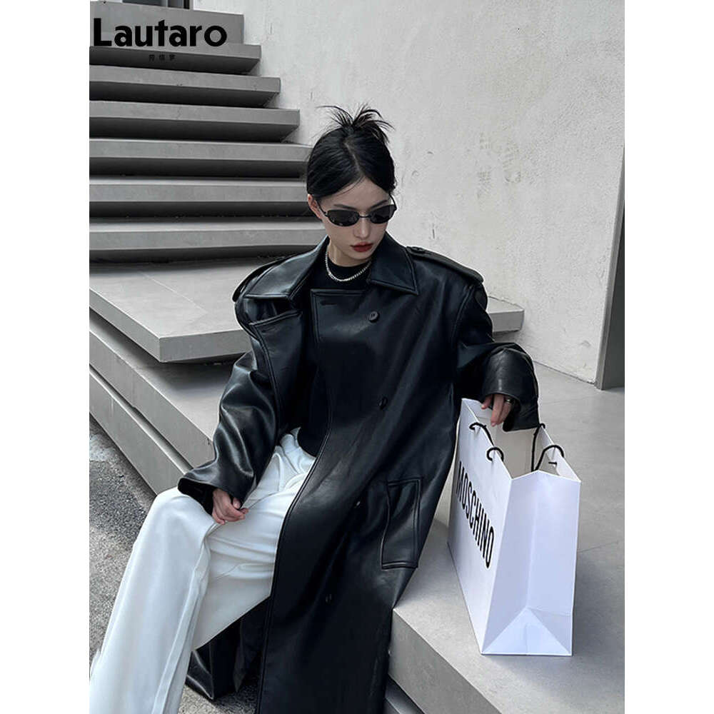Lautaro Spring Autumn Long Cool Oversized Brown Black Pu Leather Trench Coat For Women European And American Runway Fashion 2023