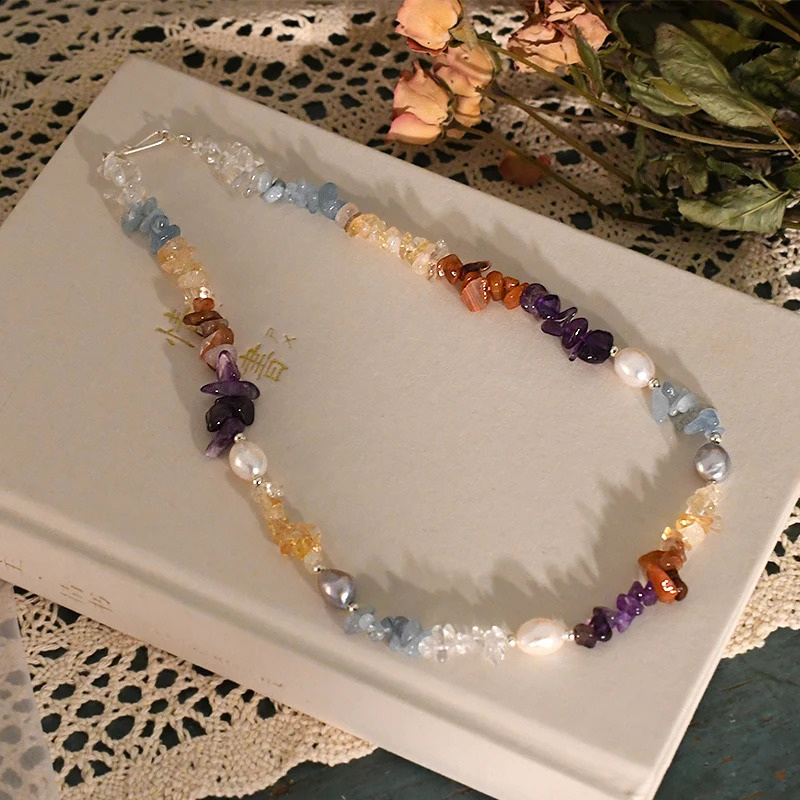 ASHIQI Natural Freshwater Baroque Pearl Necklace with Irregular Colored Crystal Stone Jewelry Suitable for Womens Gifts 241018
