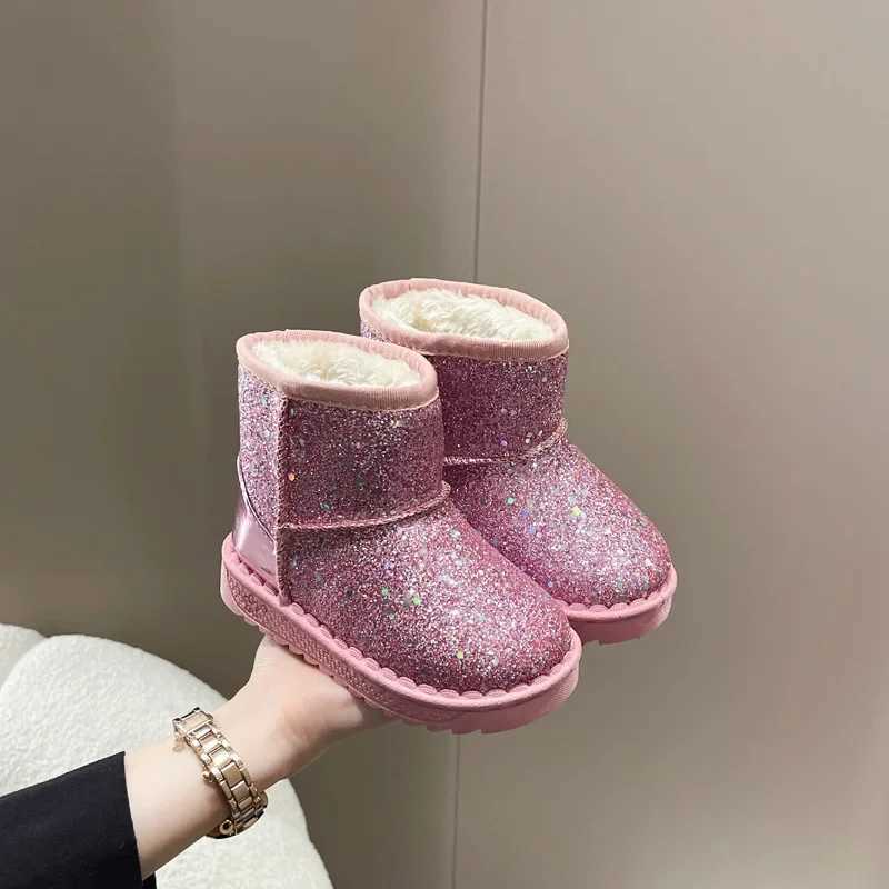 Boots Childrens snow boots 2024 winter new sequined princess ankle boots plush warm cotton shoes childrens anti slip sports shoes girls boots H241018