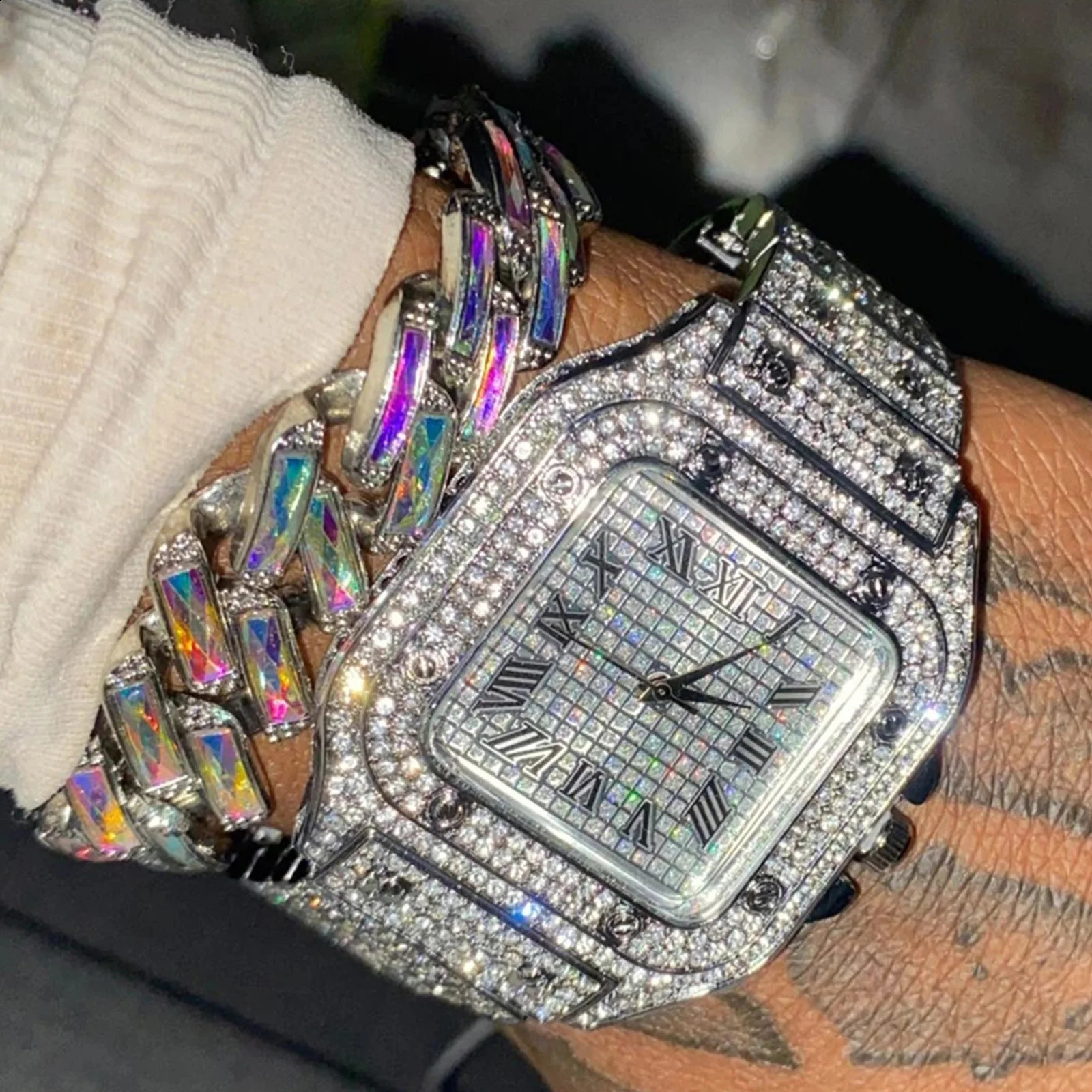 Fashion Full Iced Out Watches for Men Women Square Stainless Steel y Rhinestones Quartz Watch Hip Hop Party Gift 241017