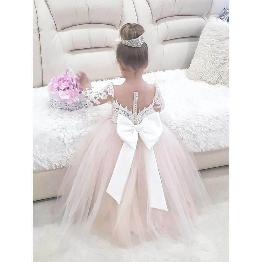 Wer Tulle Lace New Girls Dresses Long Sleeves For Child Wedding Party Bridesmaid Maxi Ball Gown Communion Evening Mc