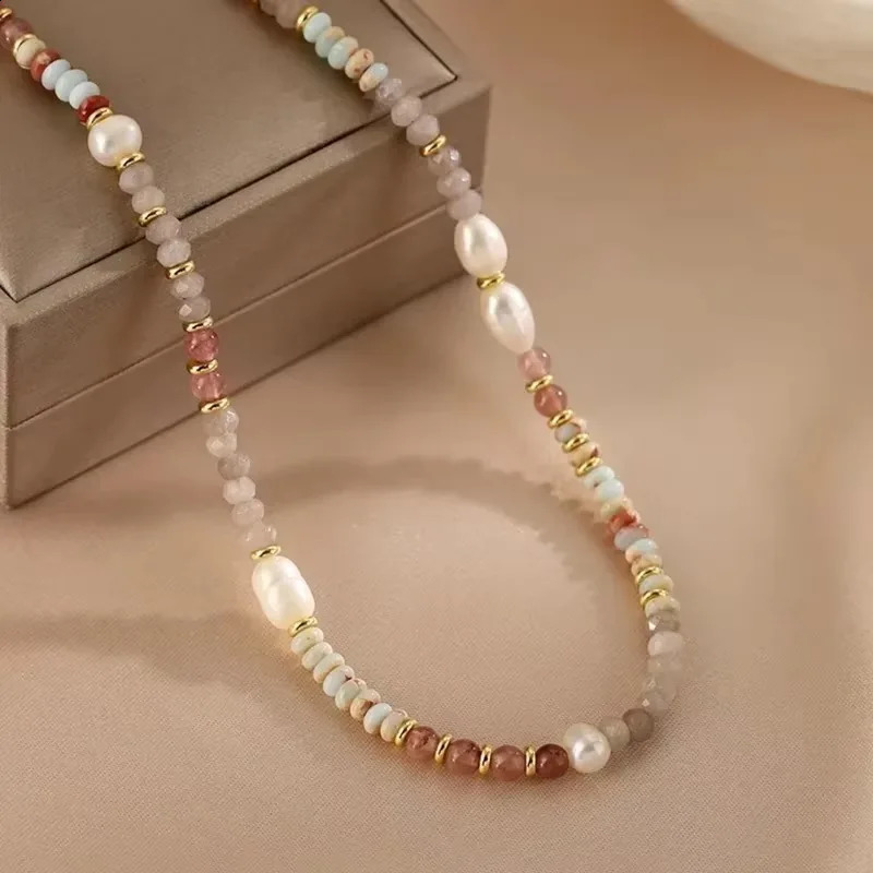Minar Boho multi-color natural stone crystal freshwater pearl bead necklace suitable for women 14K pure gold copper plated necklace 241018