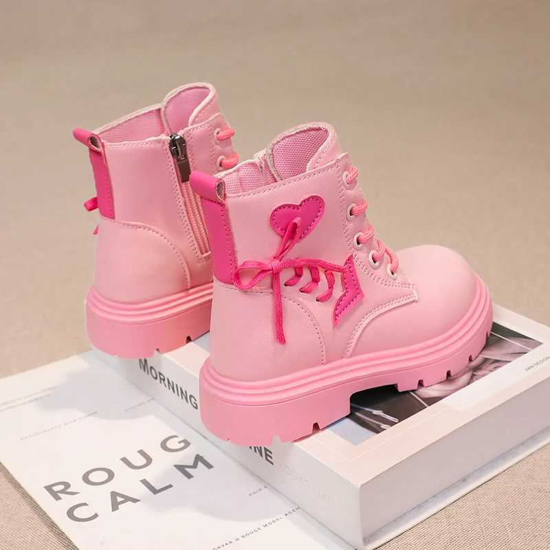 Boots Childrens Fashion Boots Girls Ankle Boots Elegant Zipper Cool Love Pattern Childrens Princess Leather Boots Anti Slip Size 26-37 H241018