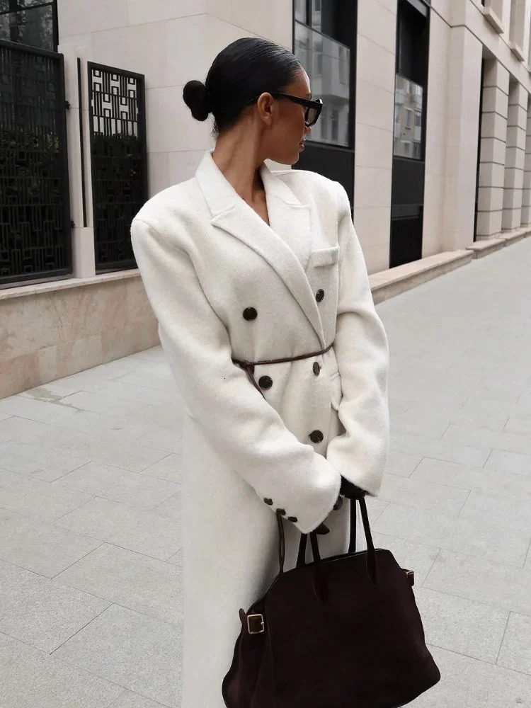 Chic Double Breasted Pocket Classic Womens Wool Blend Coat Long Sleeved Lapel Solid Color Autumn Coats Lady Street Outwear 241018