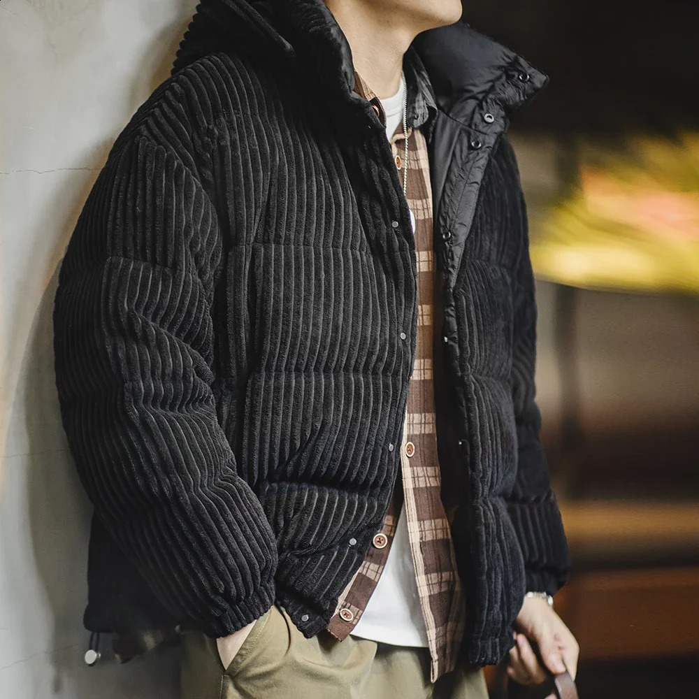Maden Mens Corduroy Down Jacket Winter Thickened Warm Striped Hooded Coat Vintage Padded Jackets Removable Hood Black Clothing 241017
