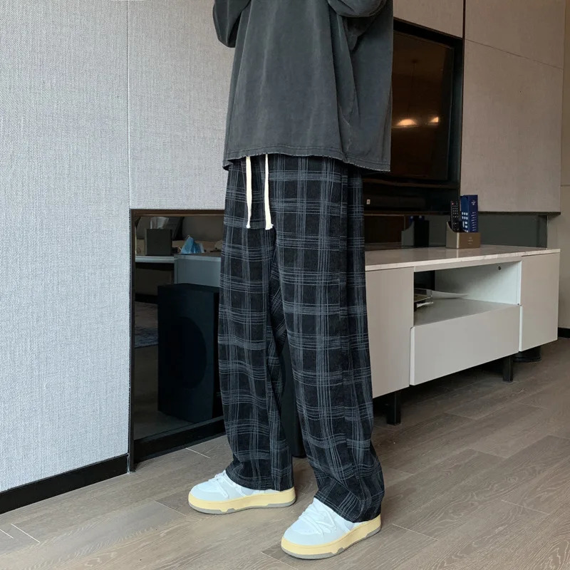 Men Checkered Casual Pants Loose Straight Corduroy Sweatpants Man Fashion Streetwear Spring Hip Hop Trousers 241018