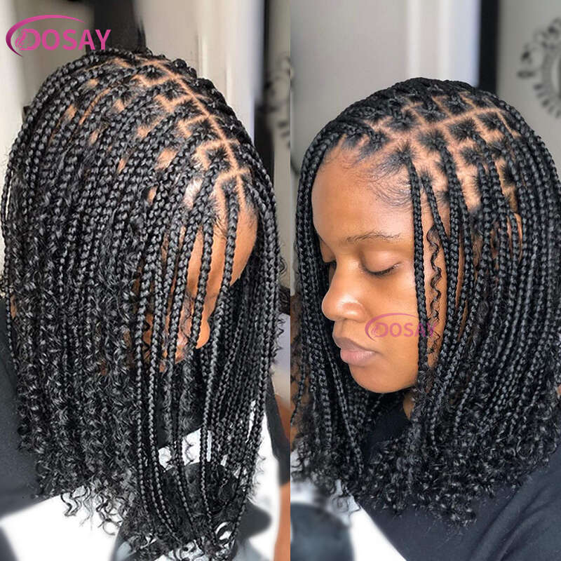 Synthetic Curly Wigs Short Bob 360 Full Lace Braids Wigs 12 Inch Boho Knotless Braided Wigs Goddess Box Wig Pre-Pluck Baby Hair