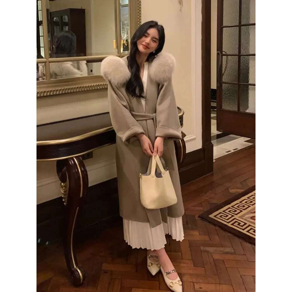 Natural Fox Soft Woolen Coats Female 2024 New Design Hooded Fur Wool Outerwear Jackets With Belt Women's Overcoats