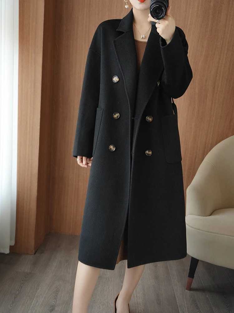 Autumn and Winter New Womens Coat Double-Sided Woolen 100% Pure Wool Waist-Tight Hand-Stitched Fashionable Elegant Womens CoatX241009