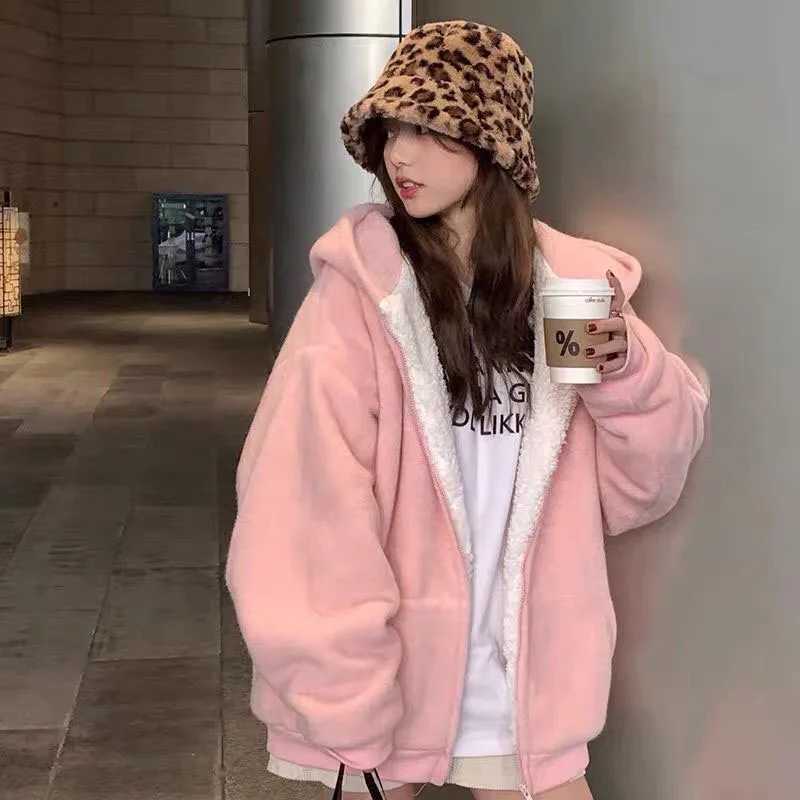 Pink Plus Velvet Hooded Sweatshirts Women Autumn Winter Zipper Thicken Warm Hoodies Woman Korean Student Lamb Wool CoatX241018