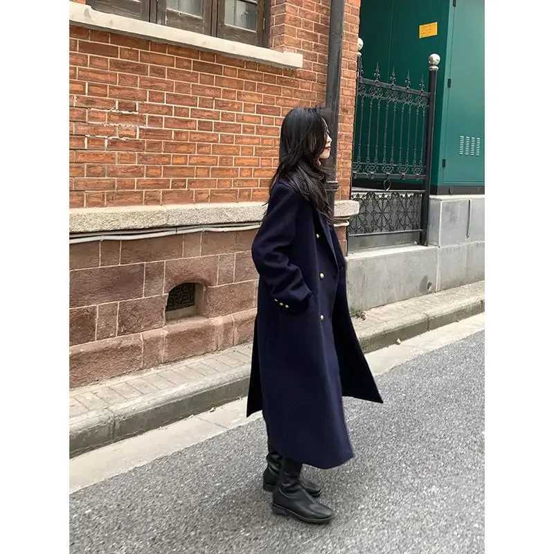 New British Style Navy Blue Woolen Coat Women Jackets Winter Clothes Double breasted Mid Length Wool Suit Jackets Women ClothingX241009