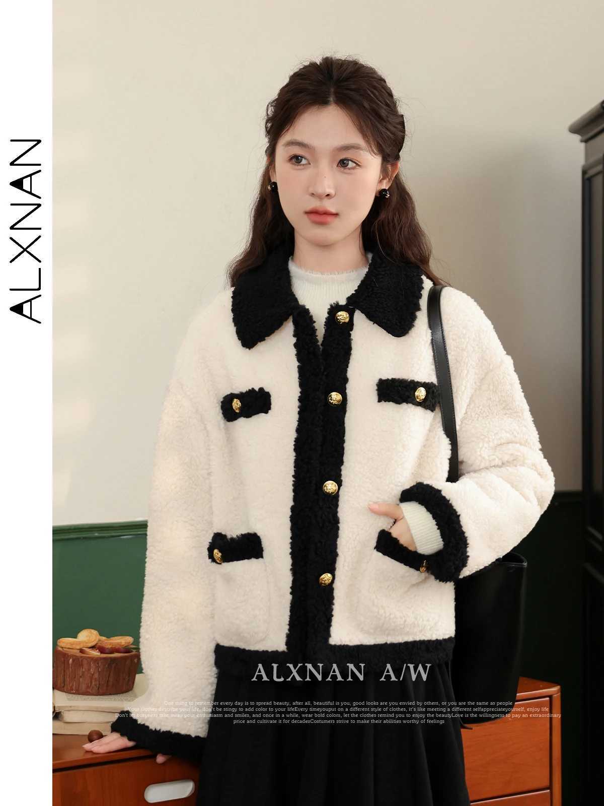 ALXNAN Lamb Wool Coat 2024 Autumn Winter New Elegant Lapel Collar Long Sleeve Loose Short Jacket Outerwear for Women LXN32291X241018