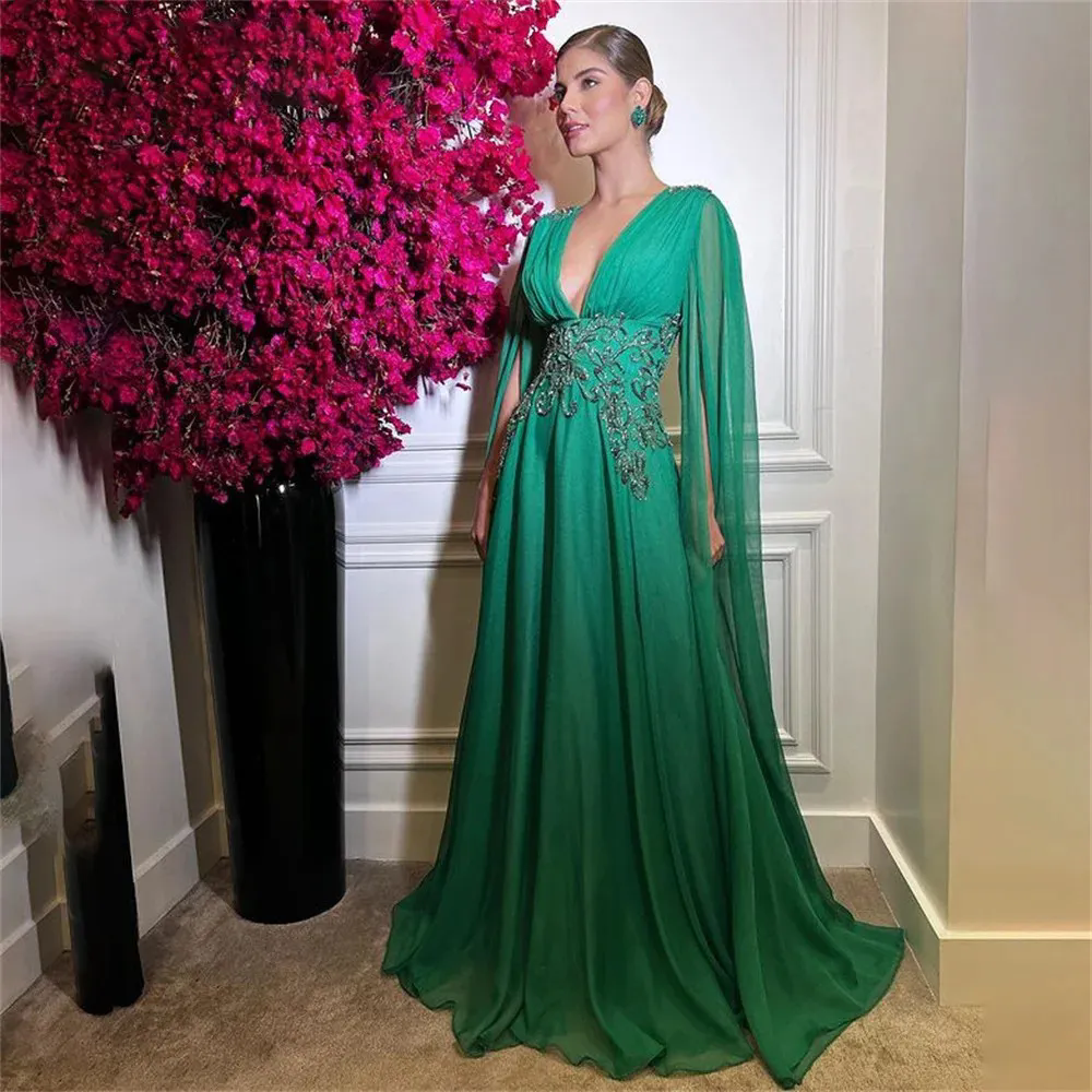 Dark Green Beach Evening Gowns Long Sleeves Prom Dress Chiffion Party Dresses For Woman Custom Made Vestidos De Noche