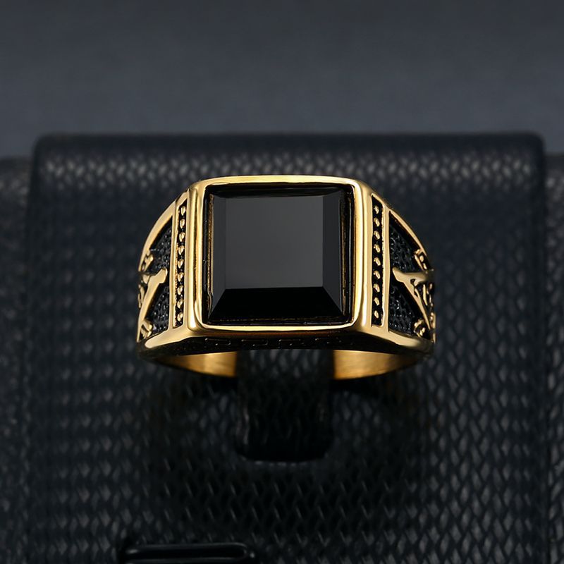 Black Agate Casting Ring High Polished Titanium Steel 18k Gold Plated Jewelry