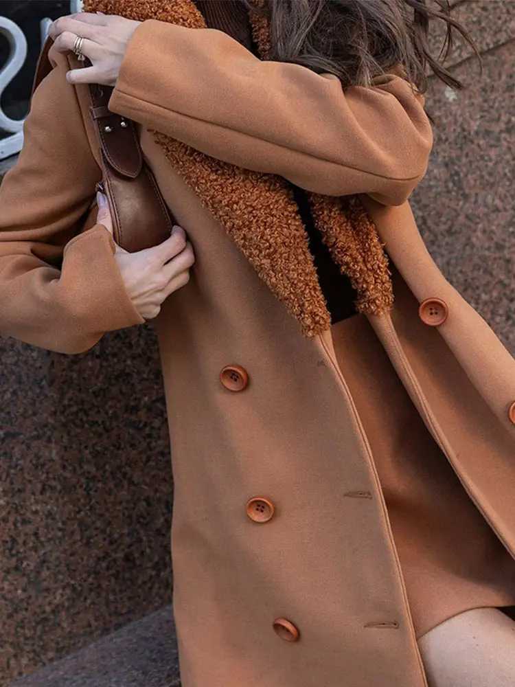 Womens Brown Lamb Wool Patchwork Midi Jacket Fashion Solid Lapel Double Breasted Warm Coat Autumn Lady Commute Office OutwearsX241018