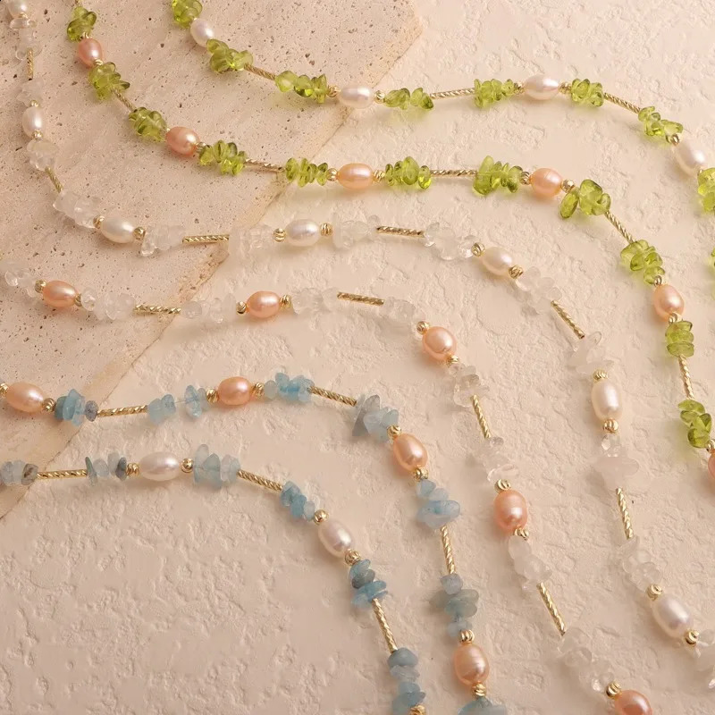 Minar Bohemia multicolored irregular natural stone chain freshwater pearl bead necklace suitable for women 14K real gold copper necklace 241018
