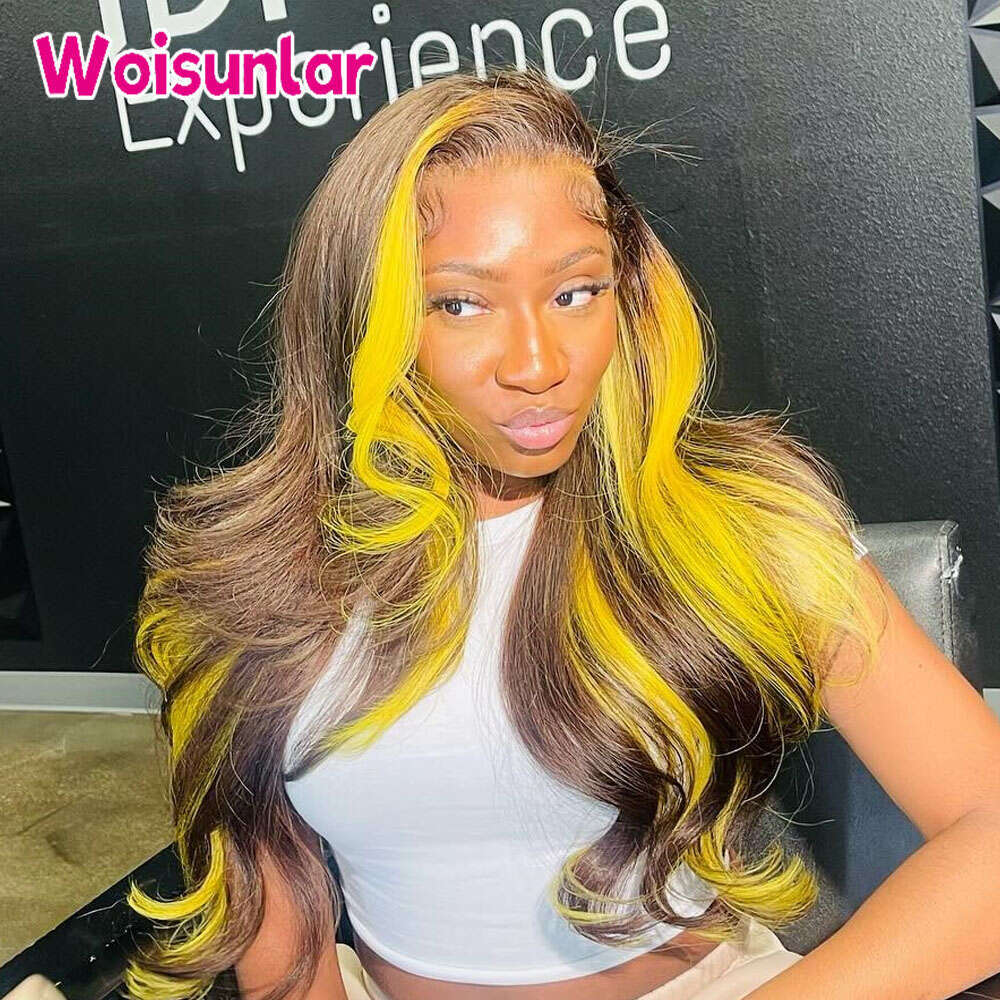 Highlight Brown and Yellow human hair 13X4 Transparent Lace Front Body Wave Wigs For Women Human Hair Wig 100%
