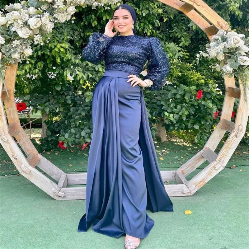 Navy Blue Muslim Evening Dress Elegant Dubai Abaya Sequin Prom Dresses Long Sleeve Saudi Arabic Islamic Formal Dress Engagement Birthday Vestios De Fi