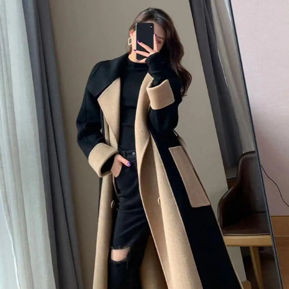 Elegant Doublebreasted Women Woolen Coat Autumn Winter Womens Long Style Contrasting Color Temperament Overcoa 241018