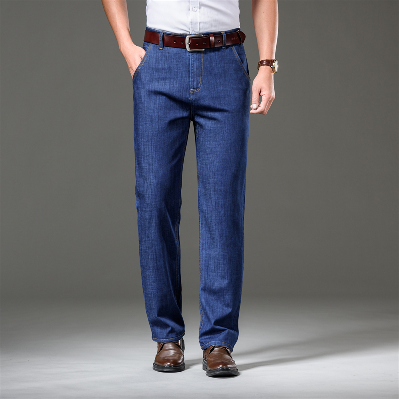 Summer Spring Mens Relaxed Fit Flex Jean 2023 New Men High Waist Business Casual Classic Black Blue Denim Trousers