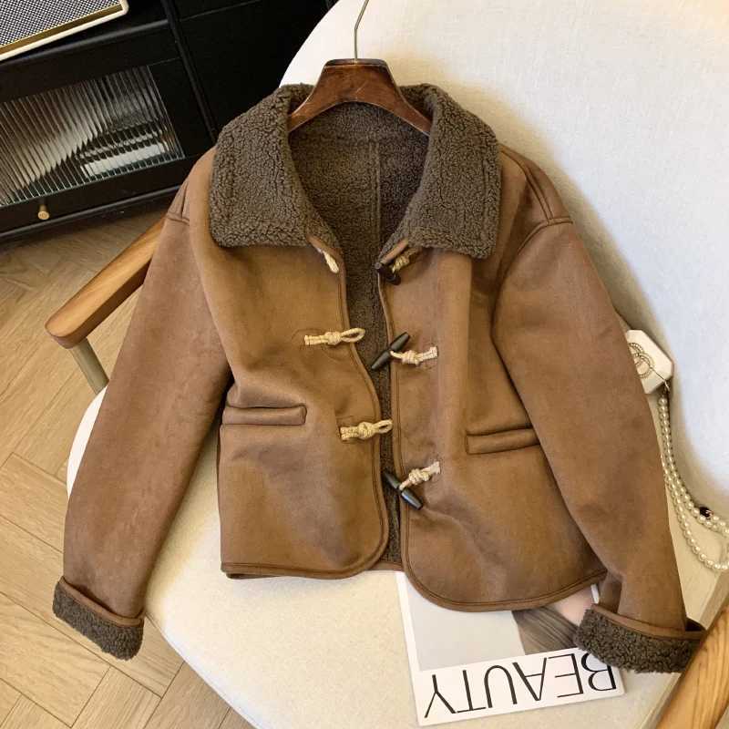 Bomon Korea Autumn and winter new loose casual horn button fur one lamb wool thick warm coat Womens fashion trend lapel coatX241018