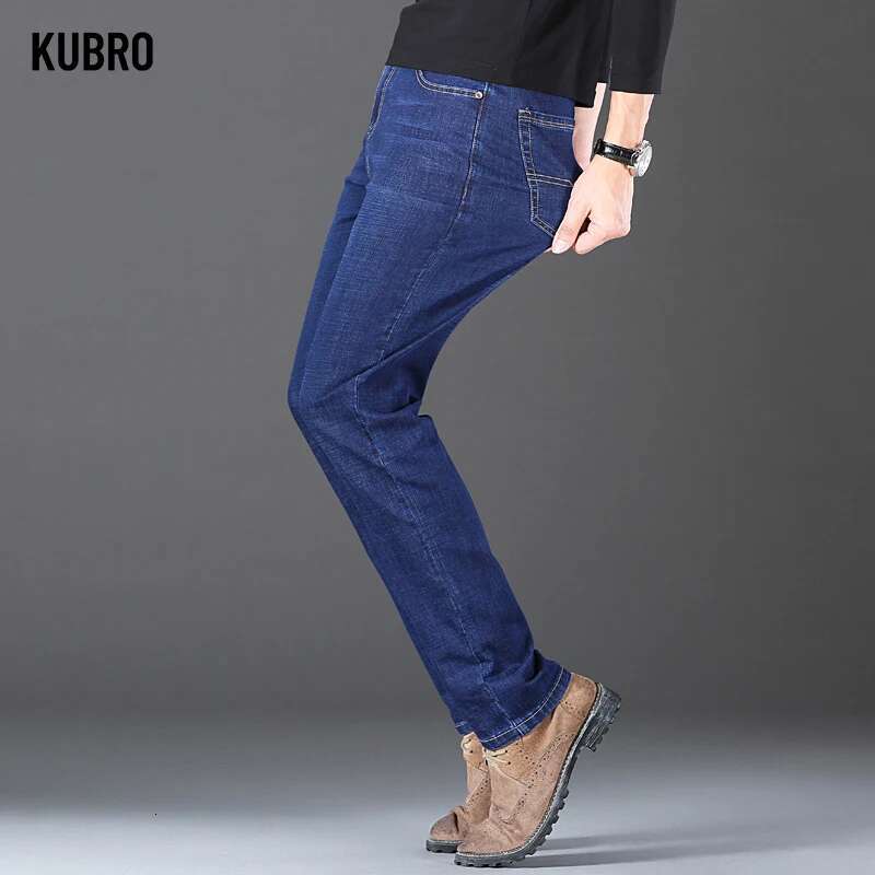 KUBRO Men's Jeans Winter Thickness Pants Straight Blue Jean Baggy Casual Work Denim Pant High Elasticity Wide Leg Male Hot Sale