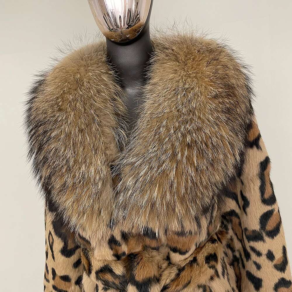 Fashionable Leopard Print Long Fox Collar Jacket One-Piece Thickened Warmth 2024 Autumn Winter Real Rabbit Fur Coat Women