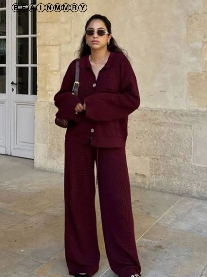 2024 Autumn Women Wine Red Knit Sweater 2 Peice Sets V-neck Cardigan Coats High Waist Wide Leg Pants Ladies Fashion Casual Suits 241017