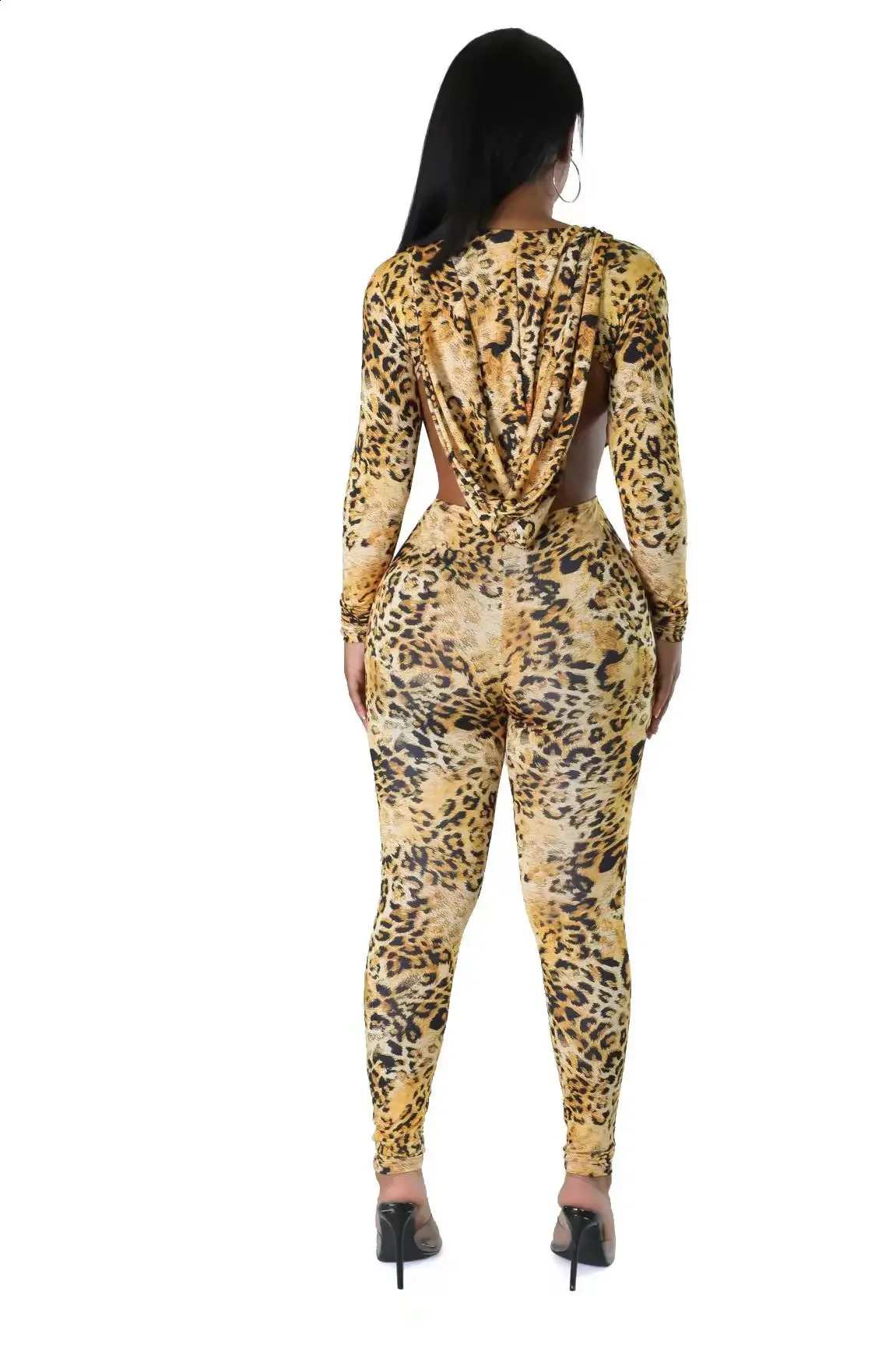 2024 womens jumpsuit autumn and winter sexy leopard print backless hooded style 241018