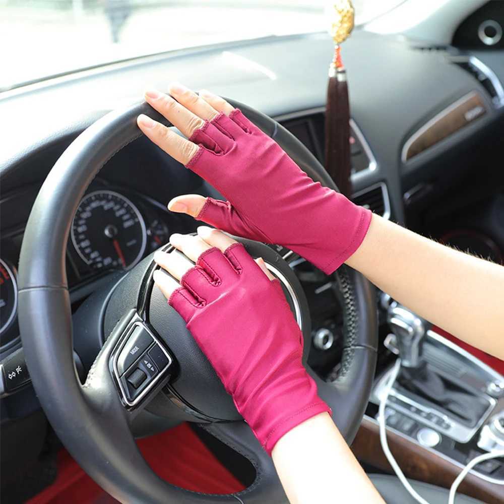 Womens spandex anti slip elastic breathable sweat absorbent UV resistant driving gloves half finger glovesW241018