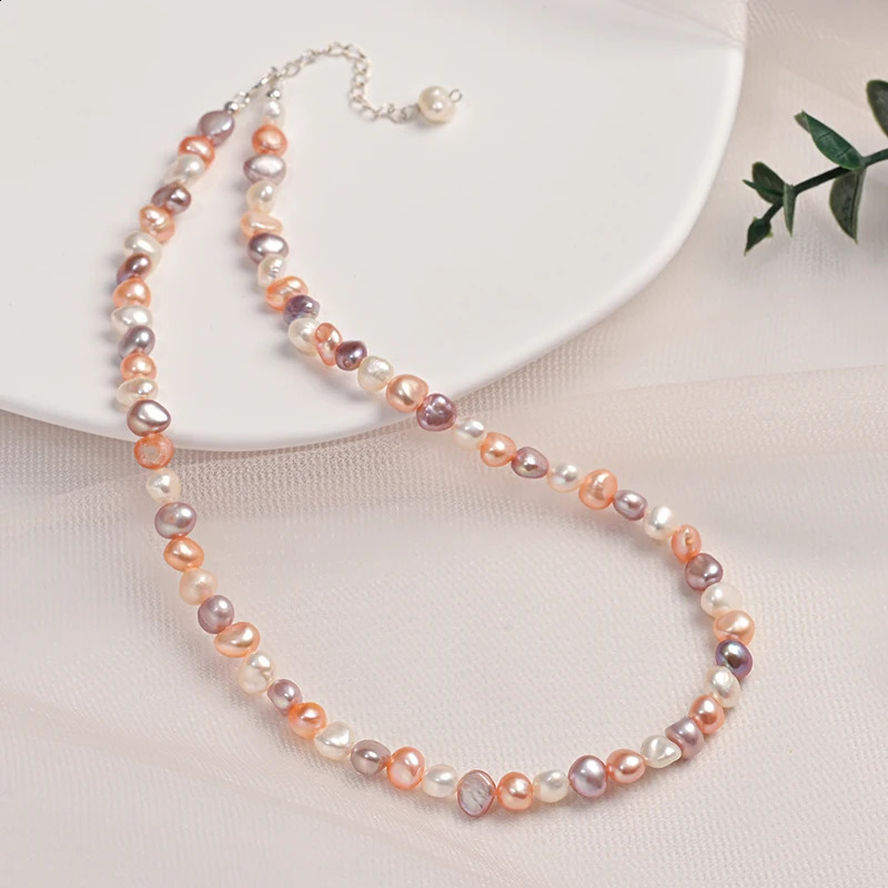 5-6mm natural freshwater pearl Baroque shaped mixed color necklace S925 pure silver chain exquisite jewelry gift 241017